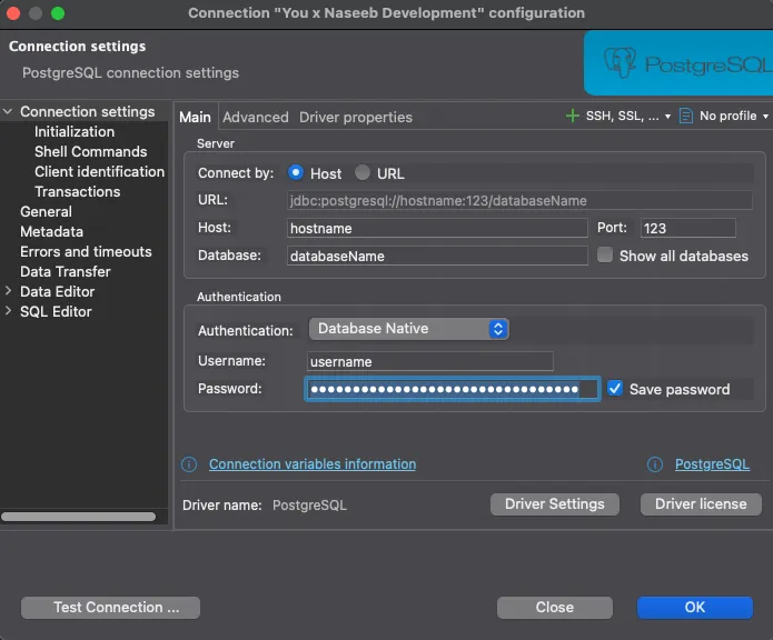 Screenshot of the DBeaver connection form