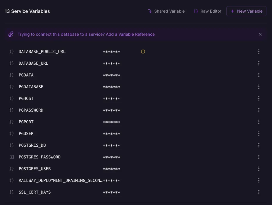 Screenshot of the screen that lets you see your PG instance's variables